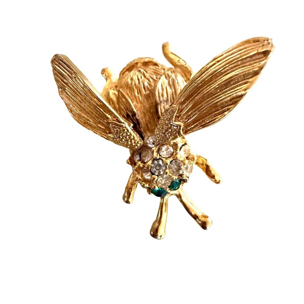 Vintage Gold-Tone Bee Brooch With Rhinestone clear and green Accents